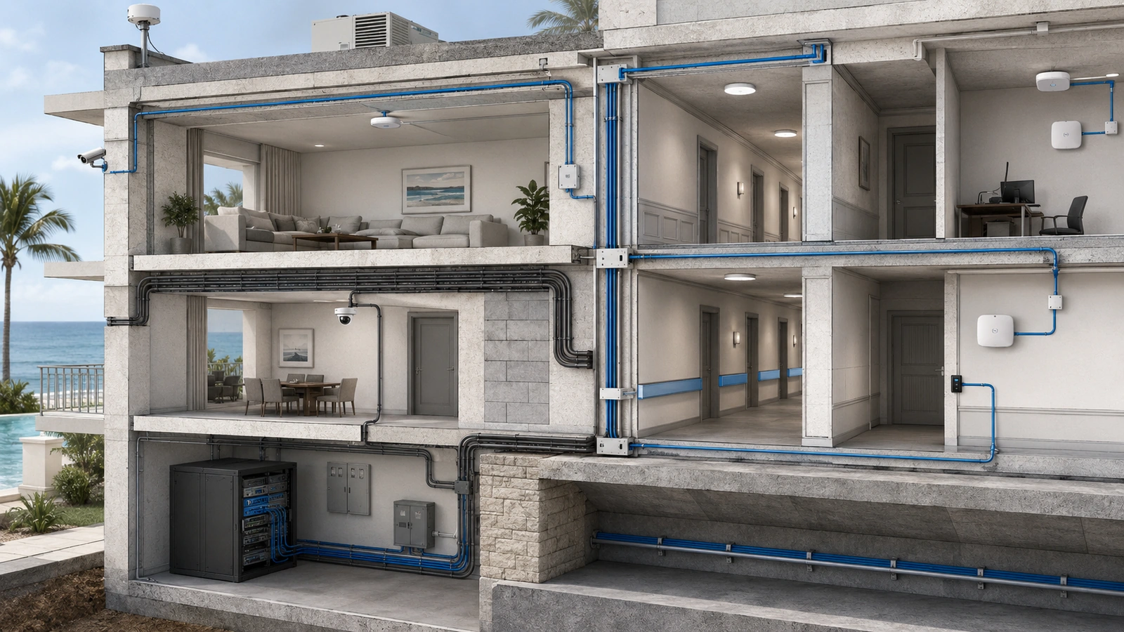 Retrofit pathway options through an older building including conduit, surface raceway, risers, fiber routes, and structural constraints