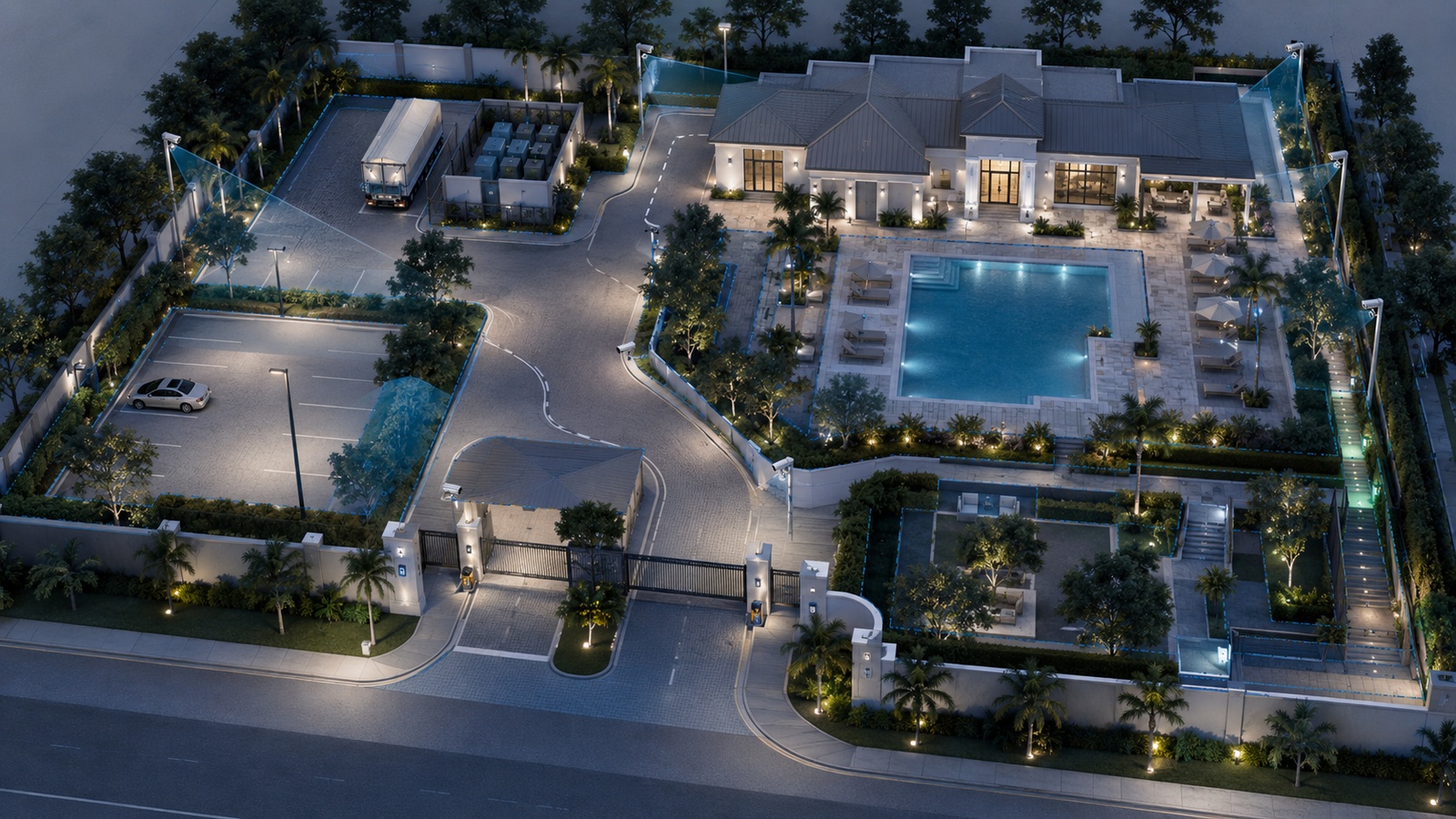 Shared residential property divided into safety, security, amenity, service, landscape, and emergency lighting zones.