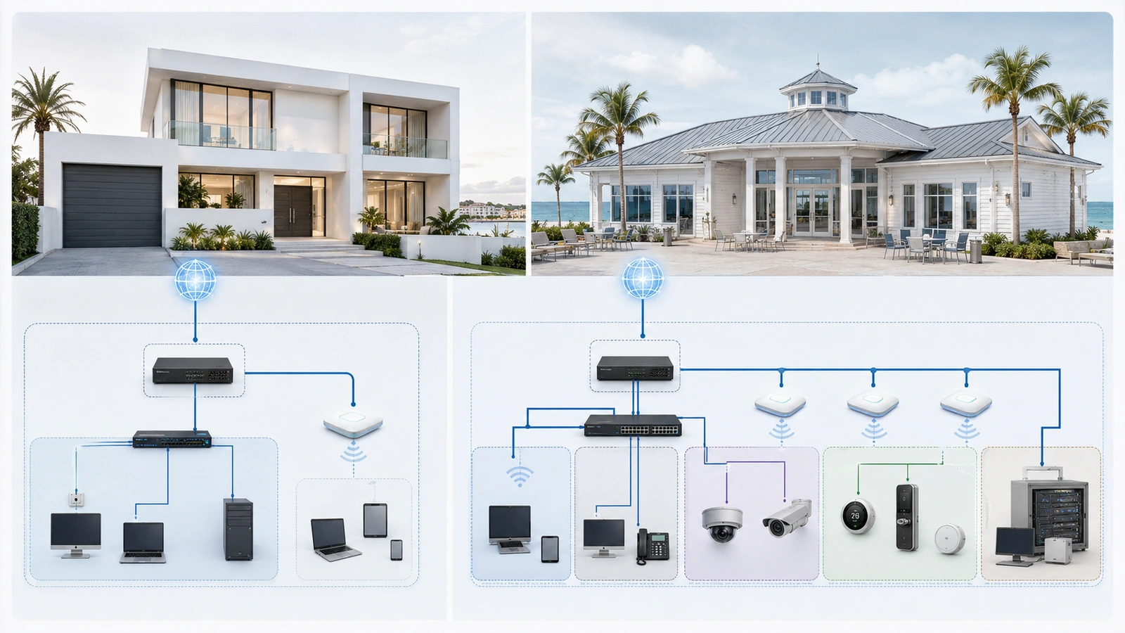 Comparison of isolated guest Wi-Fi in a modern home and multi-zone VLAN architecture in an HOA clubhouse