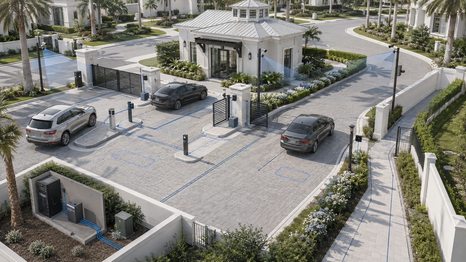 Smart residential community entrance integrating gates, access control, visitor management, intercoms, cameras, safety devices, and protected infrastructure.