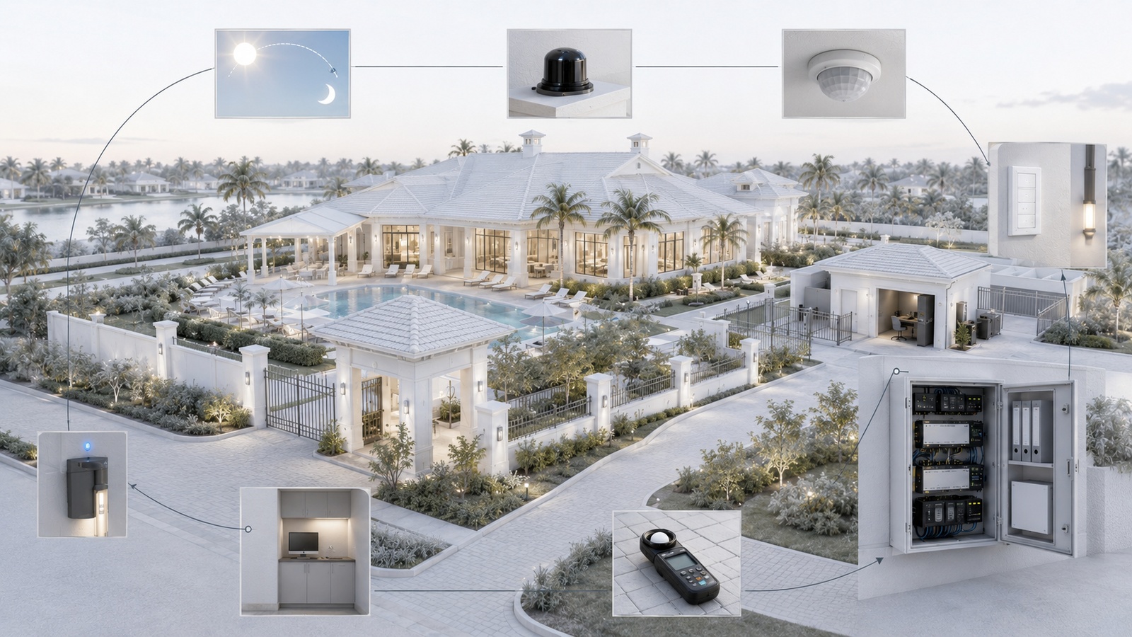 Smart lighting lifecycle connecting zones, schedules, sensors, local controls, monitoring, maintenance, and nighttime validation.