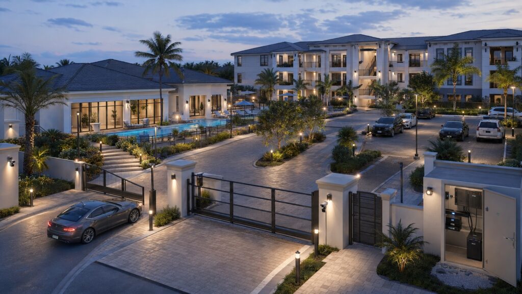 Smart lighting infrastructure coordinating entrances, pathways, parking, amenities, landscaping, security areas, and centralized property controls.