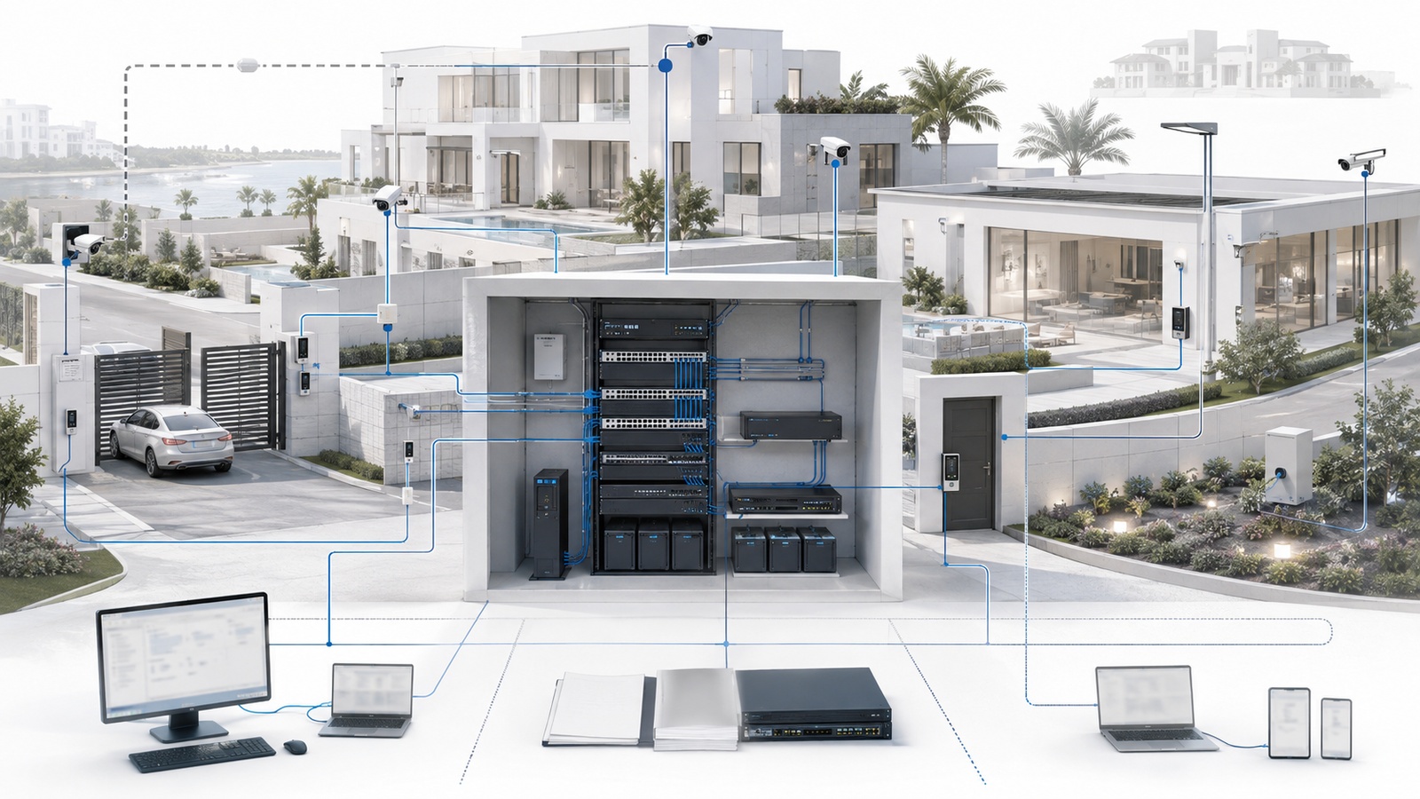 Smart property systems supported by segmented networking, backup power, local control, monitoring, and operational procedures.