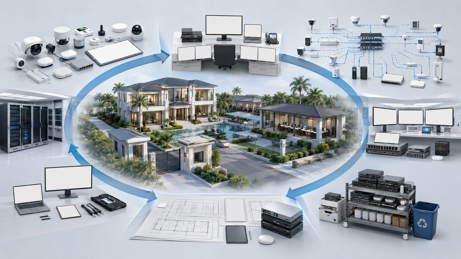 Smart-property governance lifecycle covering inventory, ownership, dependency review, standardization, retirement, documentation, and recurring review