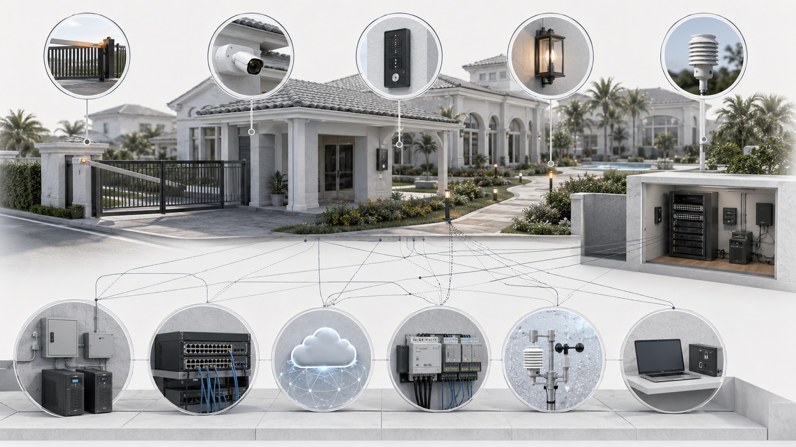 Multiple smart property symptoms traced to shared network, power, controller, internet, environmental, and administrative causes.