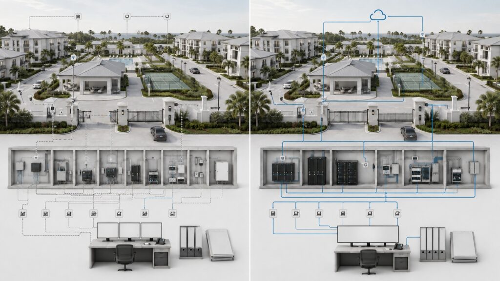 Fragmented smart property systems being reorganized into coordinated infrastructure with clear ownership, documentation, monitoring, power protection, and vendor support.