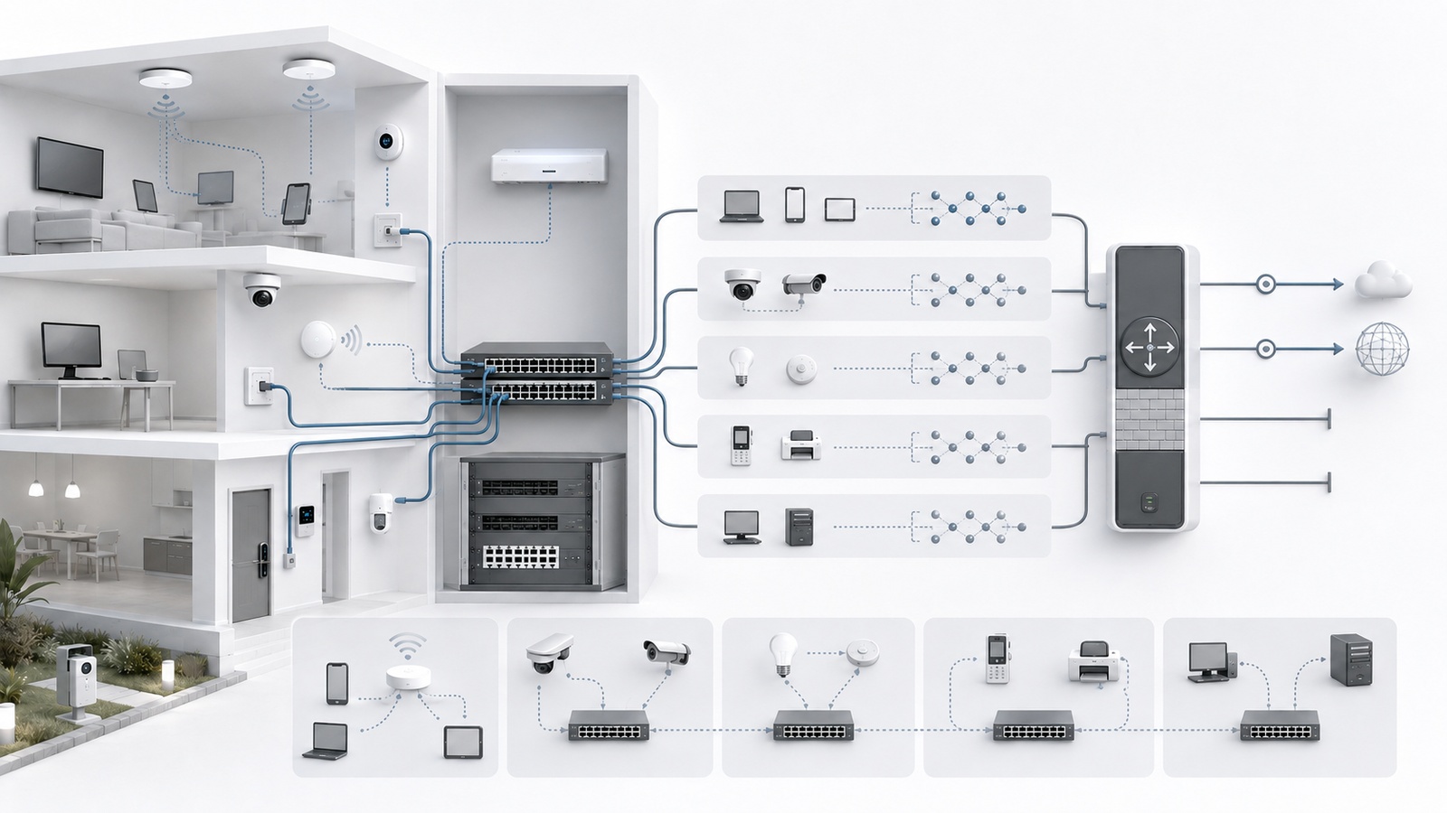 Relationship between wireless SSIDs, VLANs, IP subnets, routing, and firewall enforcement in a smart property network.