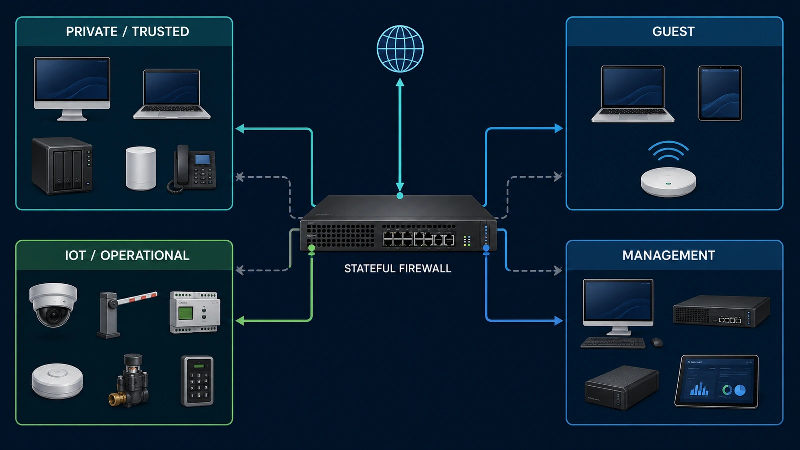 Stateful firewall controlling communication among private, guest, operational, and management network zones