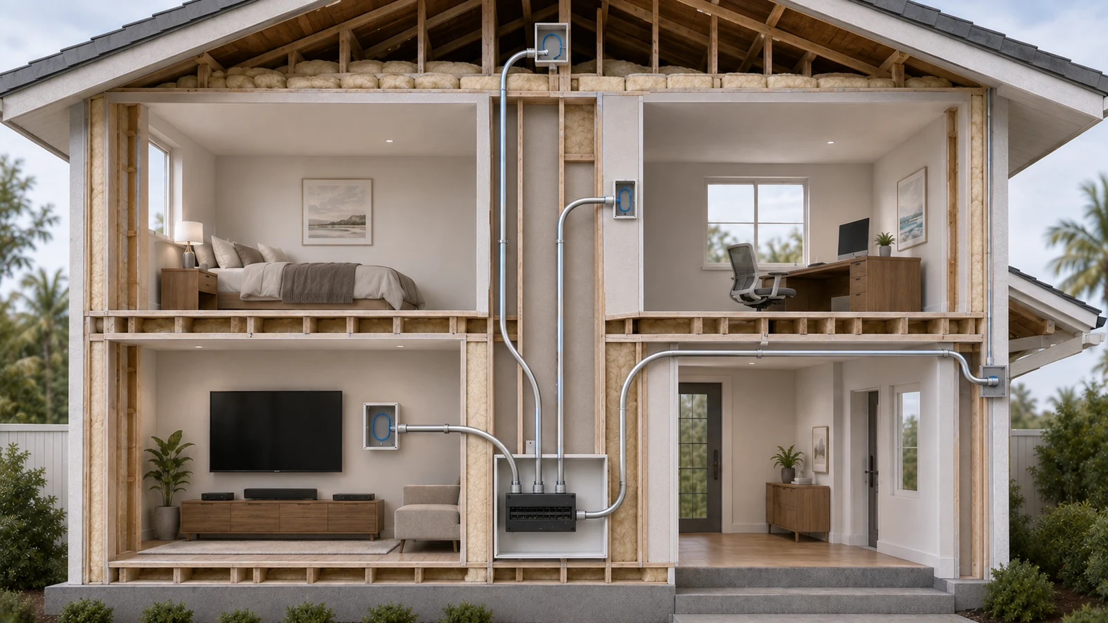 Strategic conduit paths connecting a home network location to the attic, second floor, media wall, and exterior