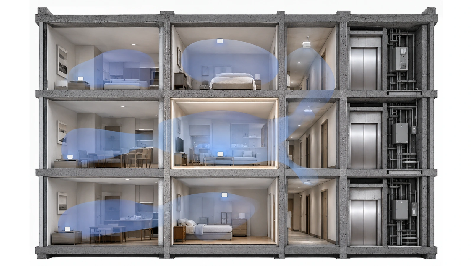 Three-dimensional high-rise Wi-Fi interference entering an apartment from neighboring units, floors, and a hallway