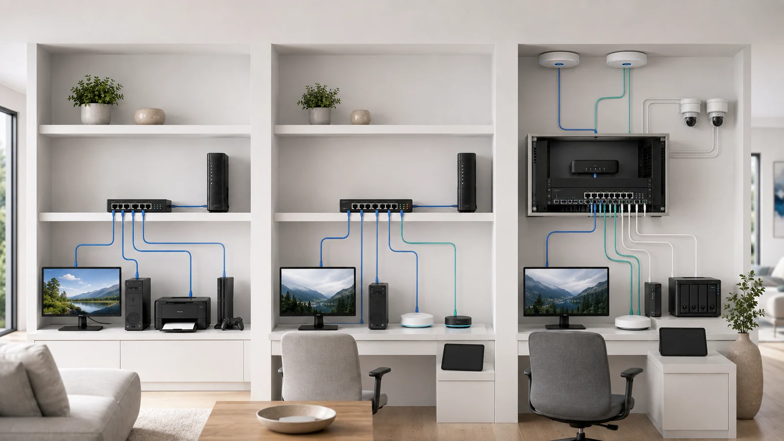 Comparison of unmanaged, smart-managed, and fully managed home network switches