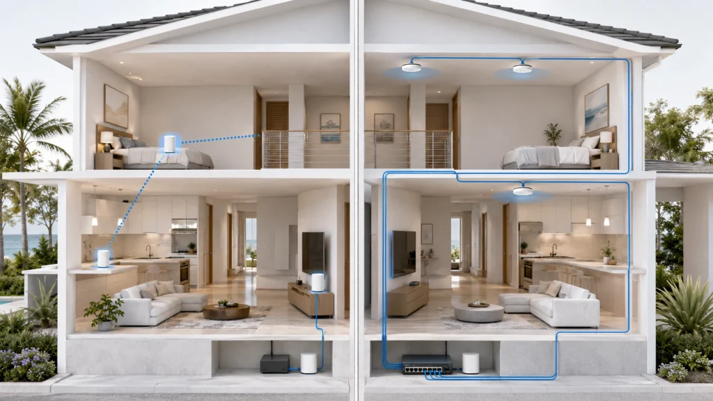 Split two-story home comparing wireless mesh nodes with Ethernet-connected access points using wired backhaul