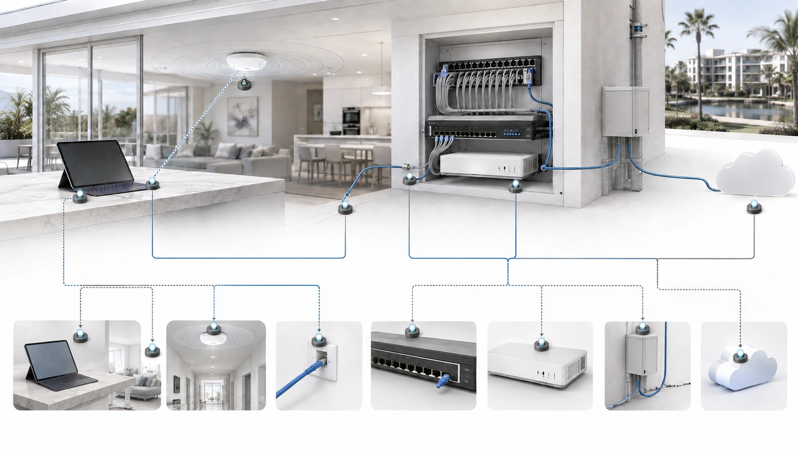 Wi-Fi diagnostic path testing the client, radio environment, access point, cabling, switching, PoE, gateway, internet circuit, and cloud service