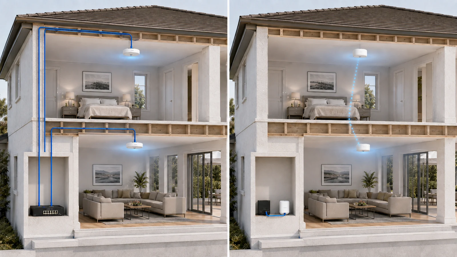 Split home cutaway comparing access points with separate wired Ethernet connections against mesh nodes using a wireless relay between floors