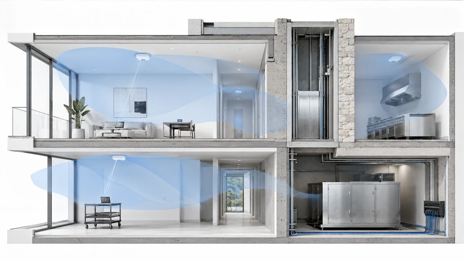 Building section showing Wi-Fi attenuation and reflection through concrete, metal, coated glass, stone, corridors, and large equipment